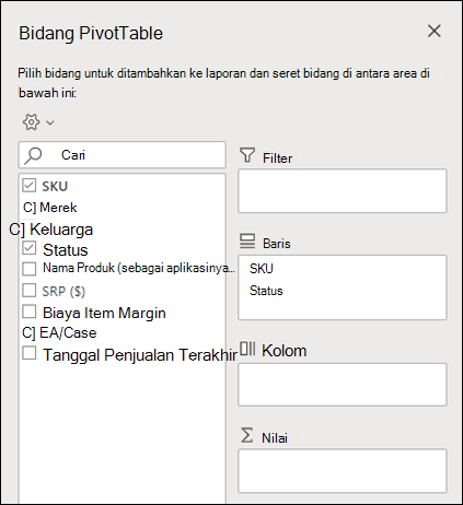 Bidang PivotTable di Excel untuk web