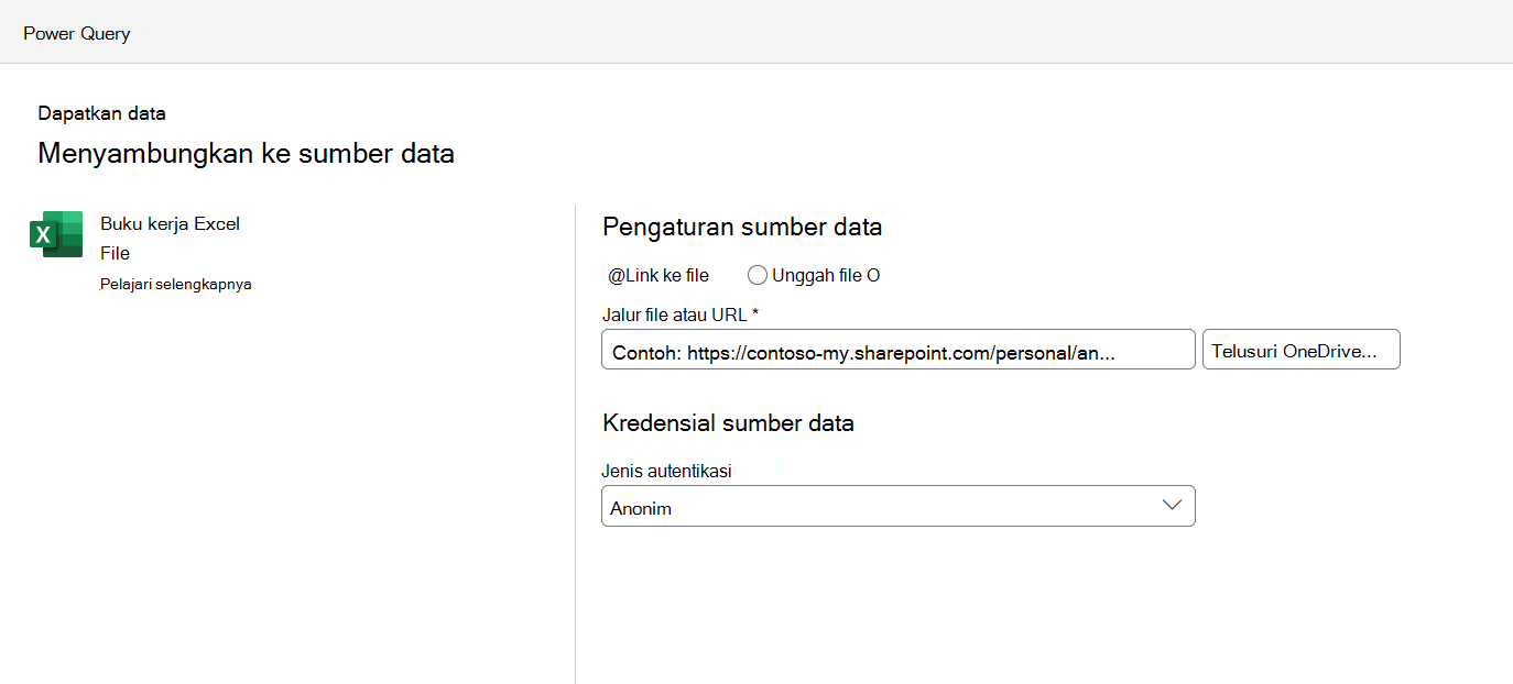 Menu pengaturan koneksi sumber data,