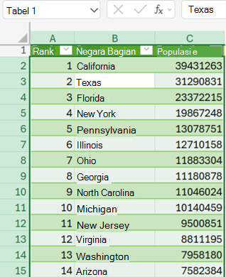 Tabel di kisi Excel yang dimuat dari Power Query.