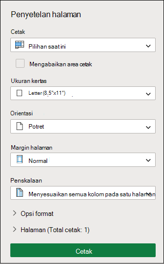 Cetak pilihan saat ini di Excel untuk web