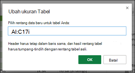 Dialog Ubah ukuran tabel
