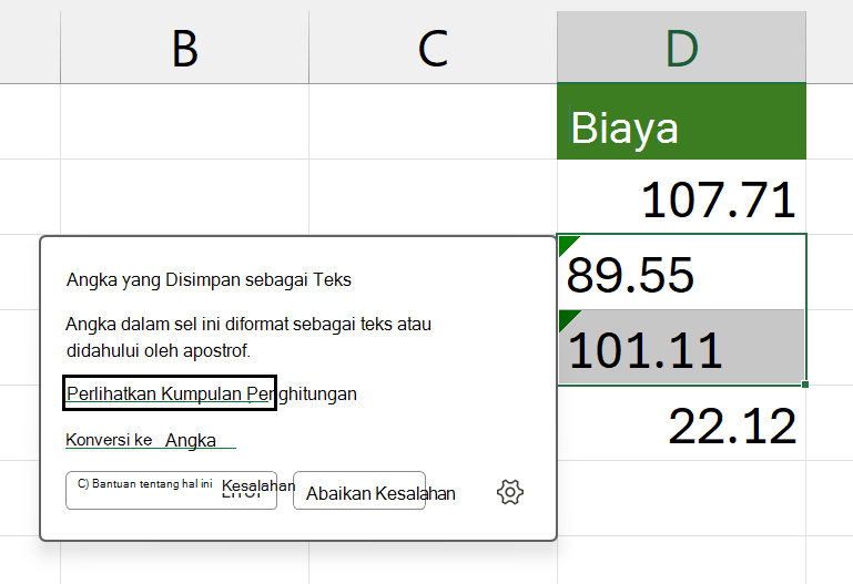 Sel yang relevan dipilih dan pengguna membuka kartu kesalahan