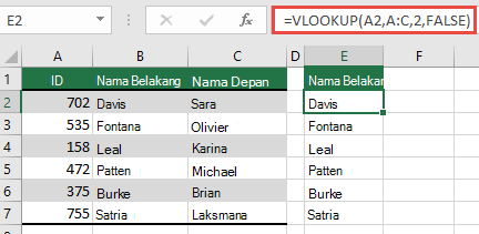 Gunakan VLOOKUP tradisional dengan satu referensi lookup_value: =VLOOKUP(A2,A:C,32,FALSE). Rumus ini tidak akan mengembalikan larik dinamis, tetapi dapat digunakan dengan tabel Excel.