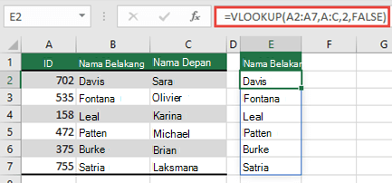Gunakan =VLOOKUP(A2:A7,A:C,2,FALSE) untuk mengembalikan array dinamis yang tidak akan menghasilkan #SPILL! kesalahan.
