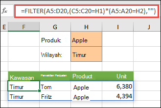 Menggunakan FILTER dengan operator perkalian (*) untuk mengembalikan semua nilai dalam rentang larik kami (A5:D20) yang memiliki Apel DAN berada di kawasan Timur.