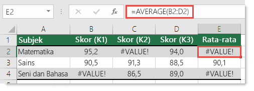 Kesalahan #VALUE dalam AVERAGE