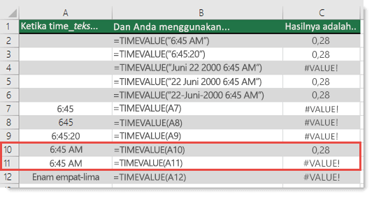 Output berbagai fungsi TIMEVALUE