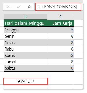 Kesalahan #VALUE dalam TRANSPOSE
