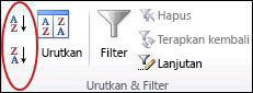 Tombol urutkan di grup Urutkan & Filter pada tab Data di Excel