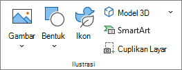 Cuplikan layar yang memperlihatkan grup Ilustrasi pada tab Sisipkan.