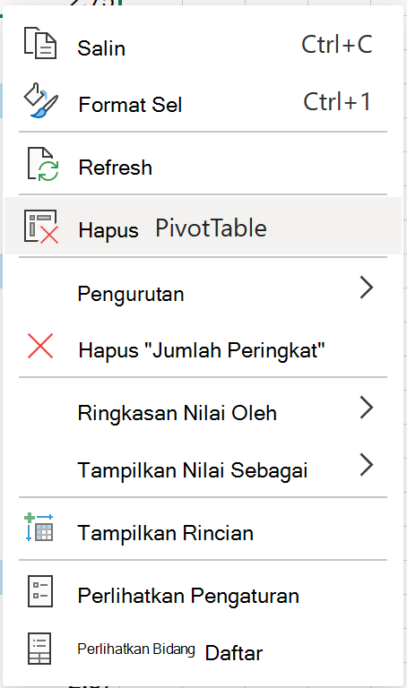 Hapus PivotTable dari menu konteks di web.