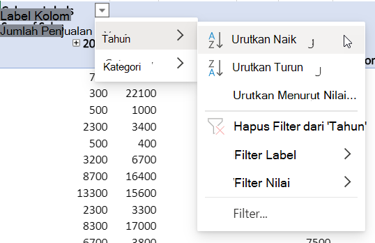 Area baris dengan filter gabungan