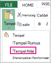 Perintah Tempelkan memperlihatkan Tempelkan Nilai di Excel Web App