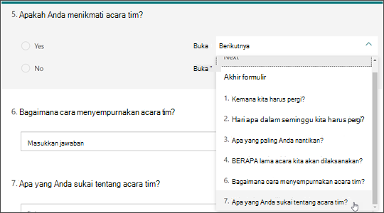 Membuat cabang ke pertanyaan lain berdasarkan jawaban pertanyaan lain