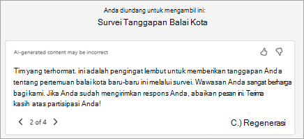 Copilot menghasilkan teks undangan yang disarankan secara otomatis. Anda dapat mengedit teks di sini atau pilih Tulis ulang dengan Copilot untuk memintanya membuat versi baru.