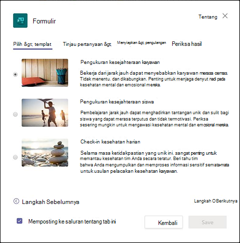 Dialog Formulir di Teams yang menjelaskan templat pengukuran kesejahteraan karyawan dan memulai pembuatan alur kerja