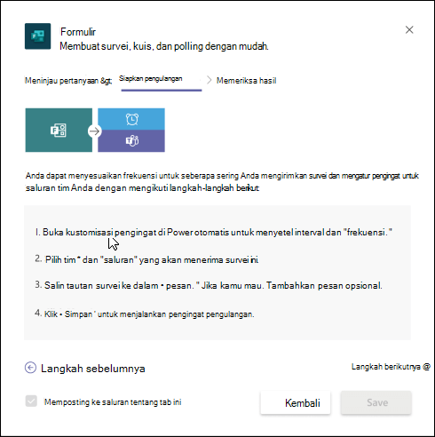 Kotak dialog Formulir di Teams yang menjelaskan cara membuat alur kerja otomatis untuk survei Anda menggunakan Power Automate.