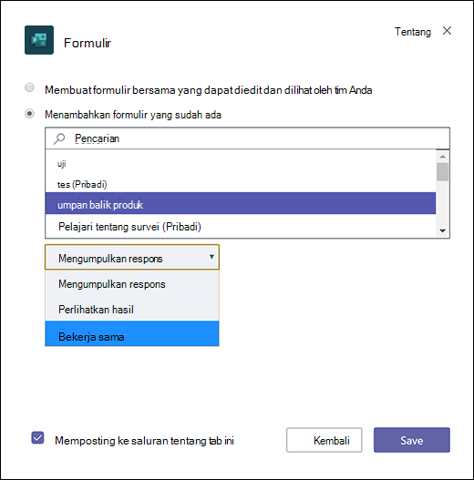 Menambahkan formulir grup yang ada ke Microsoft Teams