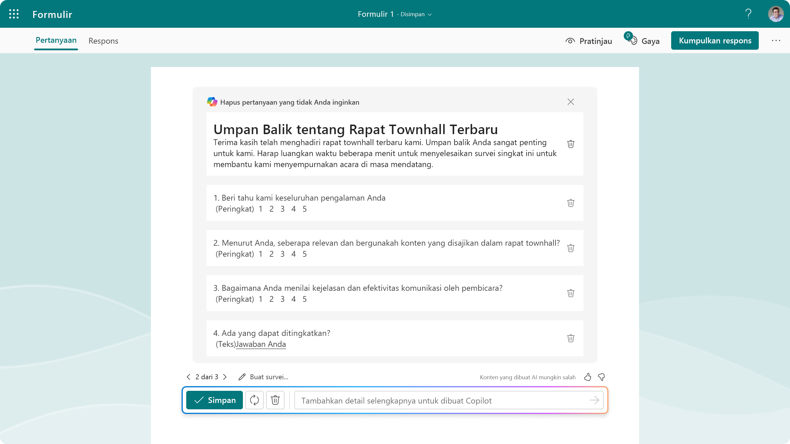 Cuplikan layar memperlihatkan pertanyaan yang disarankan untuk Copilot dalam Forms