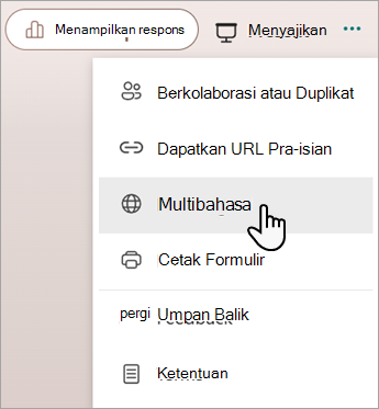 Cuplikan layar memperlihatkan fitur Multibahasa untuk menambahkan bahasa ke formulir atau kuis Microsoft.