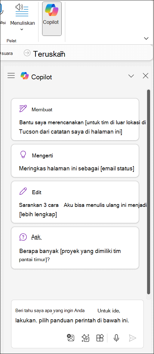Panel Copilot di OneNote di sisi kanan halaman.