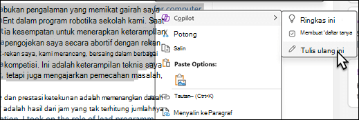 Beberapa teks dipilih di OneNote. Menu konteks diperlihatkan, dengan Copilot dipilih, dan Tulis ulang ini dipilih pada sub-menu.