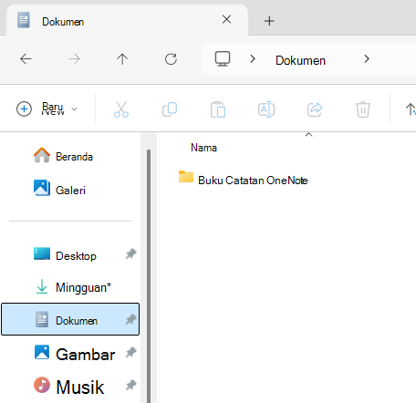 Folder Dokumen memperlihatkan subfolder Buku Catatan OneNote.