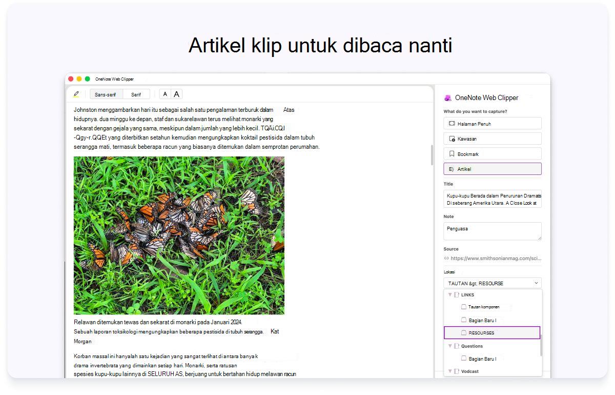 Cuplikan layar halaman web dengan panel samping untuk pengaturan. Teks di bagian atas mengatakan kepada artikel klip untuk dibaca nanti.