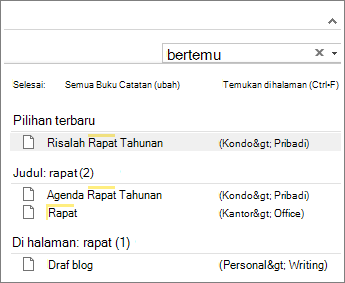 Gunakan Pencarian untuk mencari catatan di mana saja di OneNote.