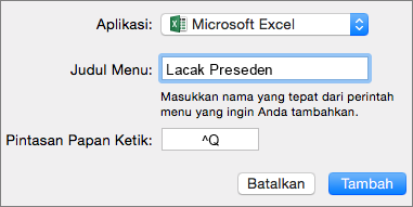 Contoh pintasan keyboard kustom Office 2016 untuk Mac