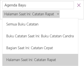Memperlihatkan menu menurun pencarian dengan opsi cakupan, halaman saat ini sedang aktif.
