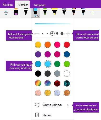 Opsi lebar goresan dan warna tinta di OneNote untuk Windows 10