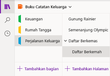 Antarmuka navigasi di OneNote untuk Windows 10