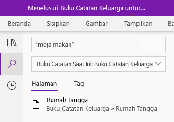 Mencari frasa teks di OneNote untuk Windows 10