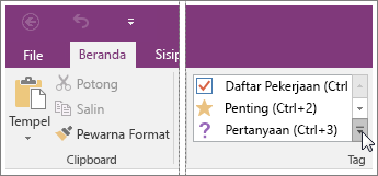 Cuplikan layar daftar tag di OneNote 2016.