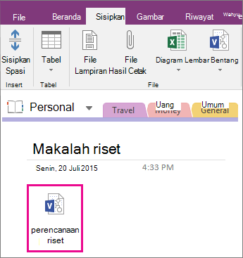 Cuplikan layar cara melampirkan file Visio ke halaman di OneNote 2016.