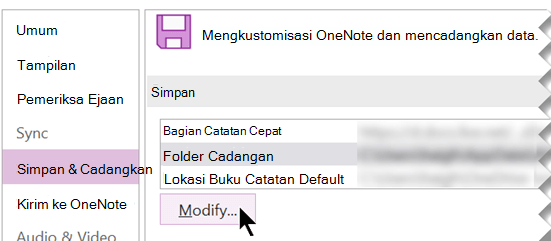 Cuplikan layar kotak dialog Opsi OneNote untuk mencadangkan folder