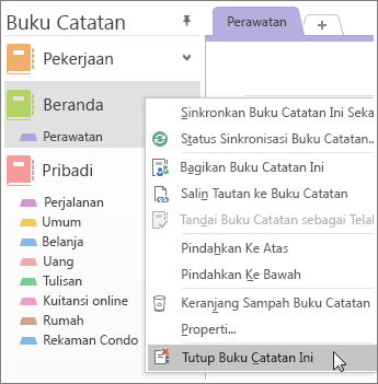 Cuplikan layar cara menutup buku catatan di OneNote 2016.