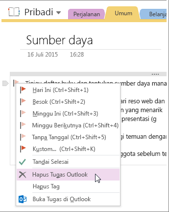 Cuplikan layar cara menghapus tugas Outlook di OneNote 2016.