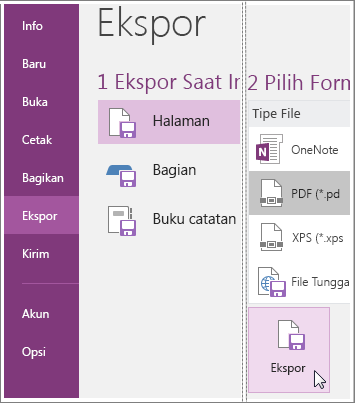 Cuplikan layar cara mengekspor halaman catatan di OneNote 2016.