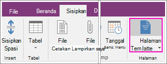 Cuplikan layar tombol Templat Halaman di OneNote 2016.