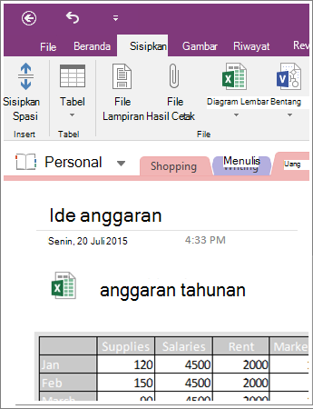 Cuplikan layar lembar bentang yang disematkan di OneNote 2016.