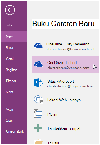 Cuplikan layar cara membuat buku catatan OneNote baru.