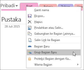 Cuplikan layar cara membuat grup bagian baru di OneNote 2016.