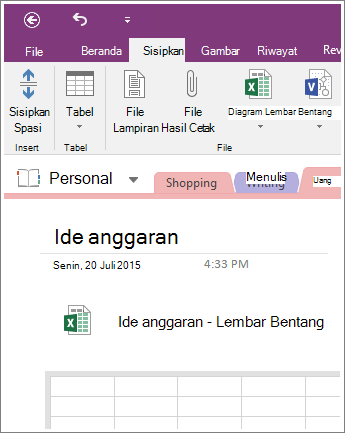 Cuplikan layar lembar bentang baru dalam OneNote 2016.