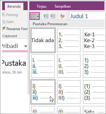 Cuplikan layar cara menambahkan penomoran ke halaman di OneNote 2016.