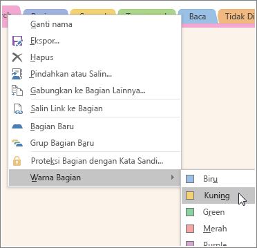 Cuplikan layar tentang cara mengubah warna bagian di OneNote 2016.