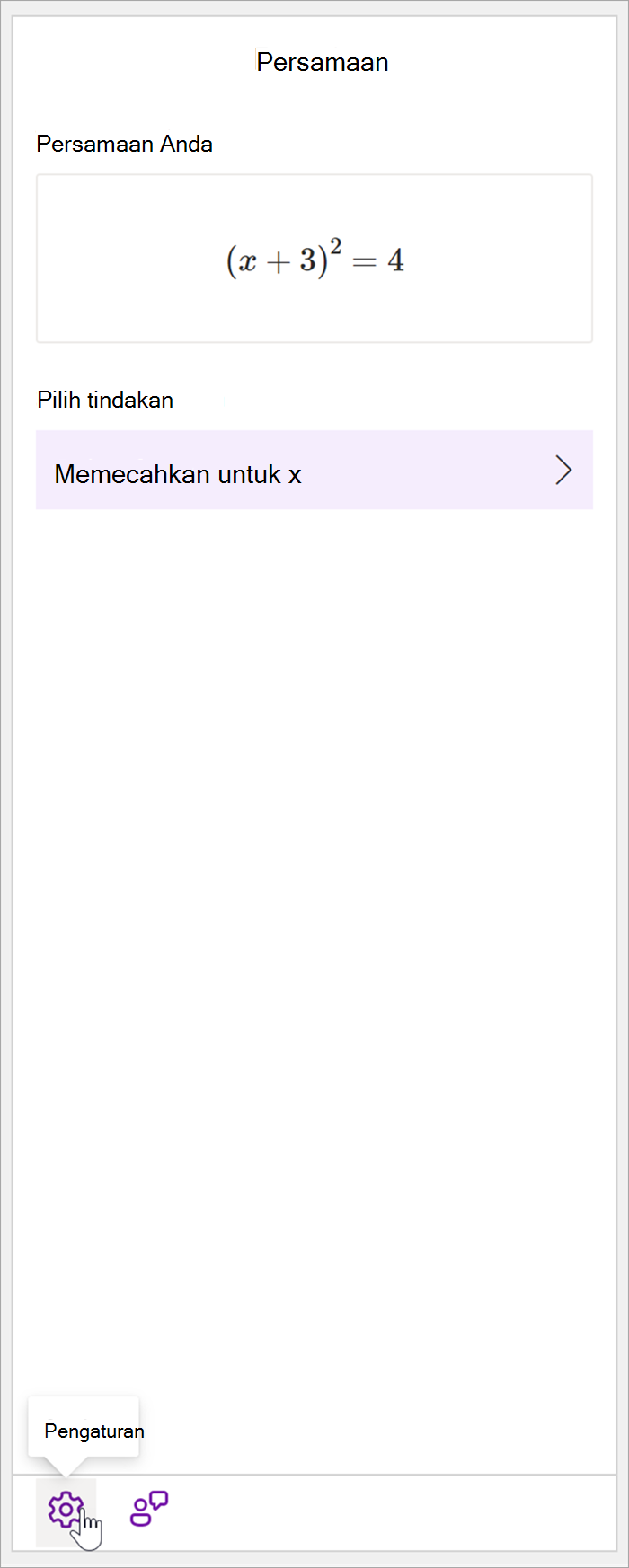 cuplikan layar panel matematika desktop onenote dengan persamaan (x+3)^2=4. Di bagian Pilih tindakan, satu-satunya tindakan yang tersedia adalah Solve fore x.