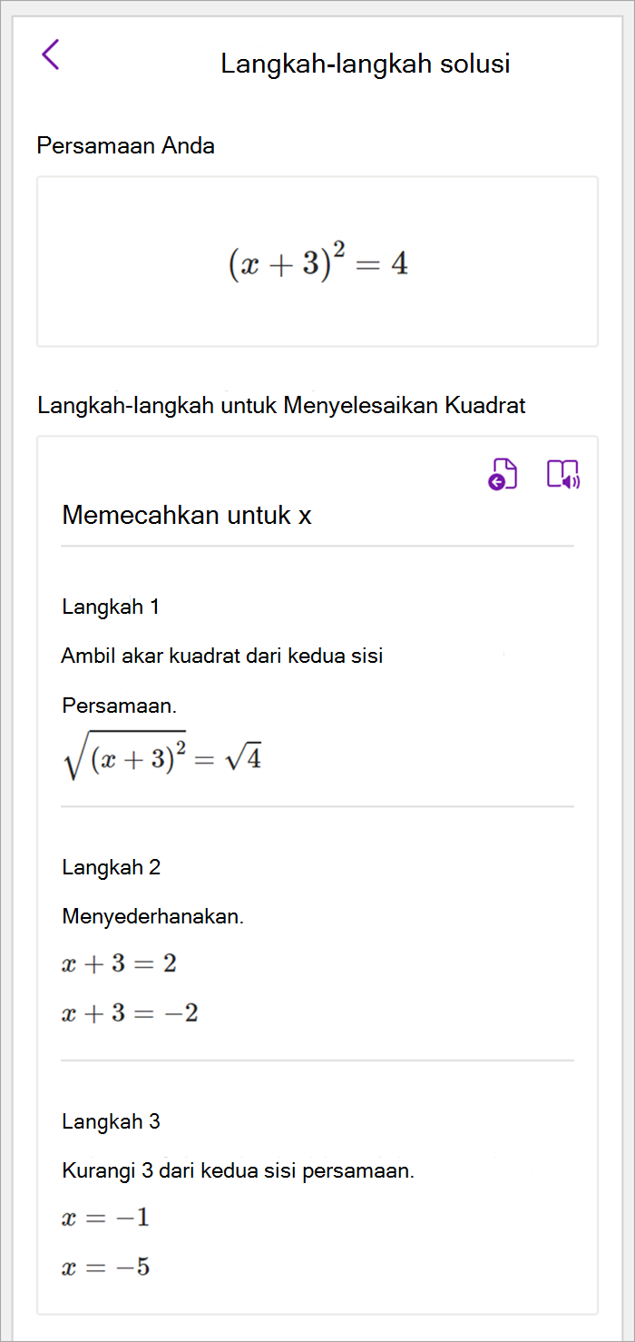 Cuplikan layar panel matematika di desktop OneNote. Langkah solusi diperlihatkan untuk menggunakan metode penyelesaian kuadrat untuk menyelesaikan x.