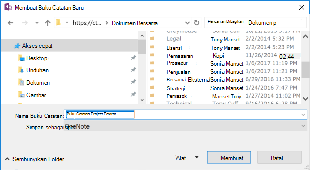 Dialog Buat Buku Catatan Baru OneNote untuk Windows 2016